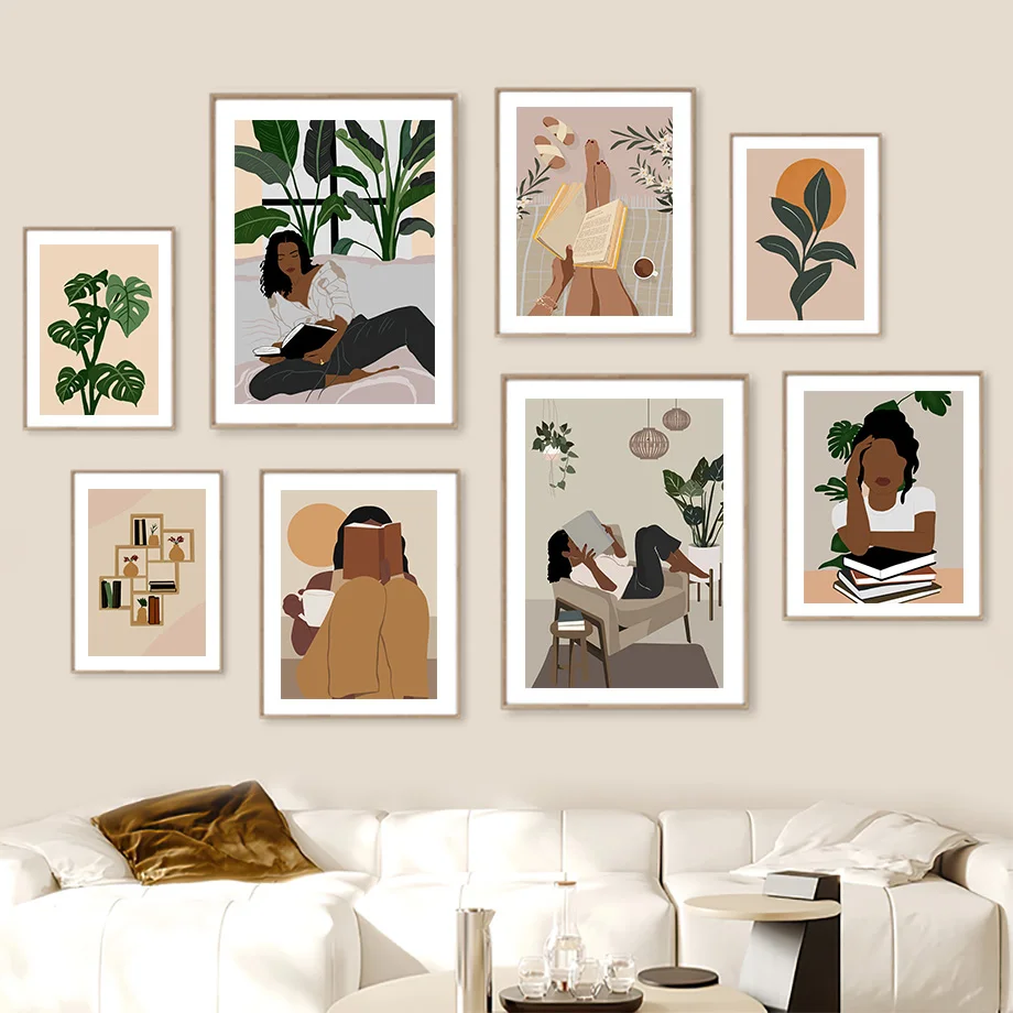 

Boho Reading Girl Bookworm Coffee Monstera Leaves Plant Posters Art Print Canvas Painting Wall Pictures Living Room Home Decor