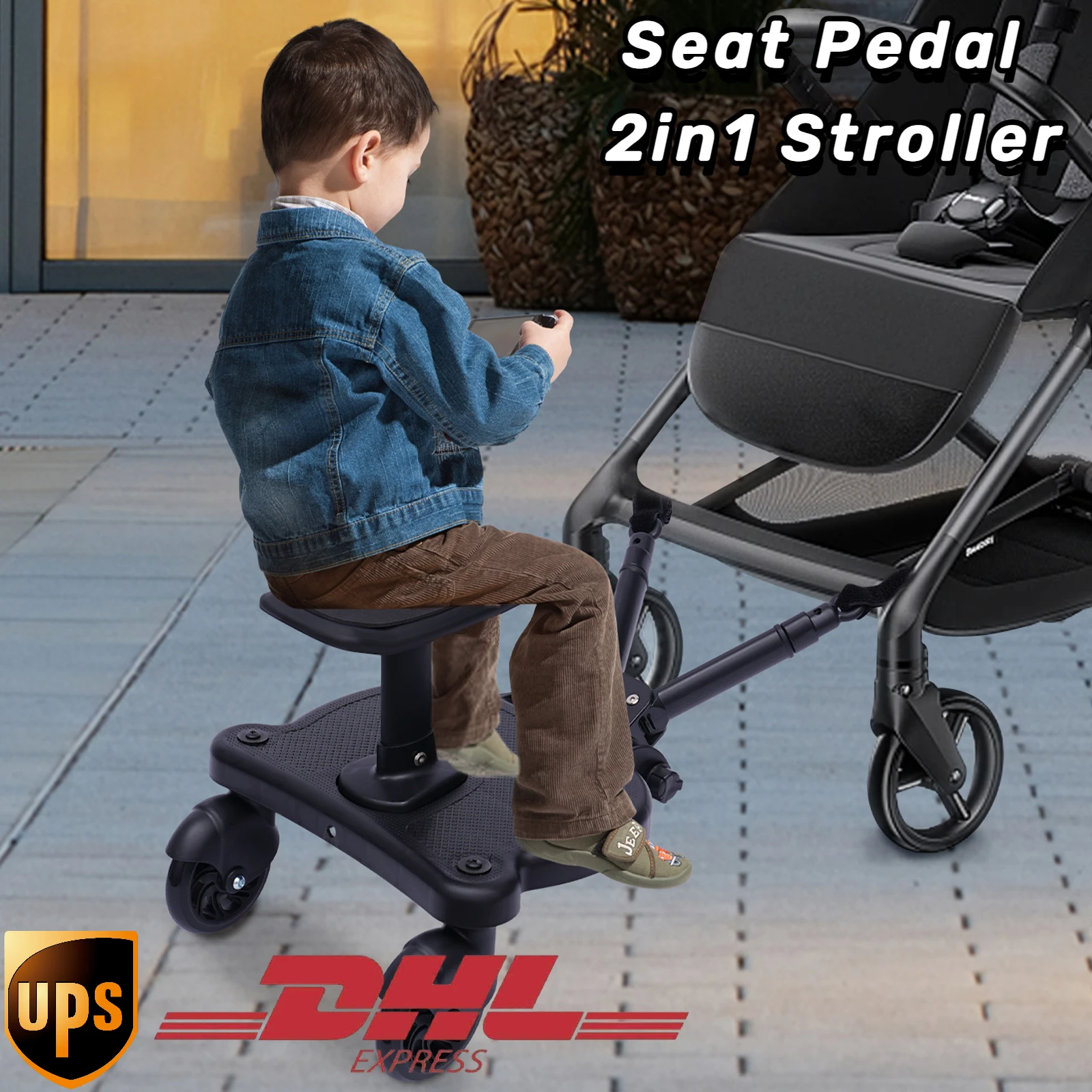 Tablero de cochecito Universal 2 en 1, Pedal de asiento con ruedas, Asiento desmontable, tablero de pie