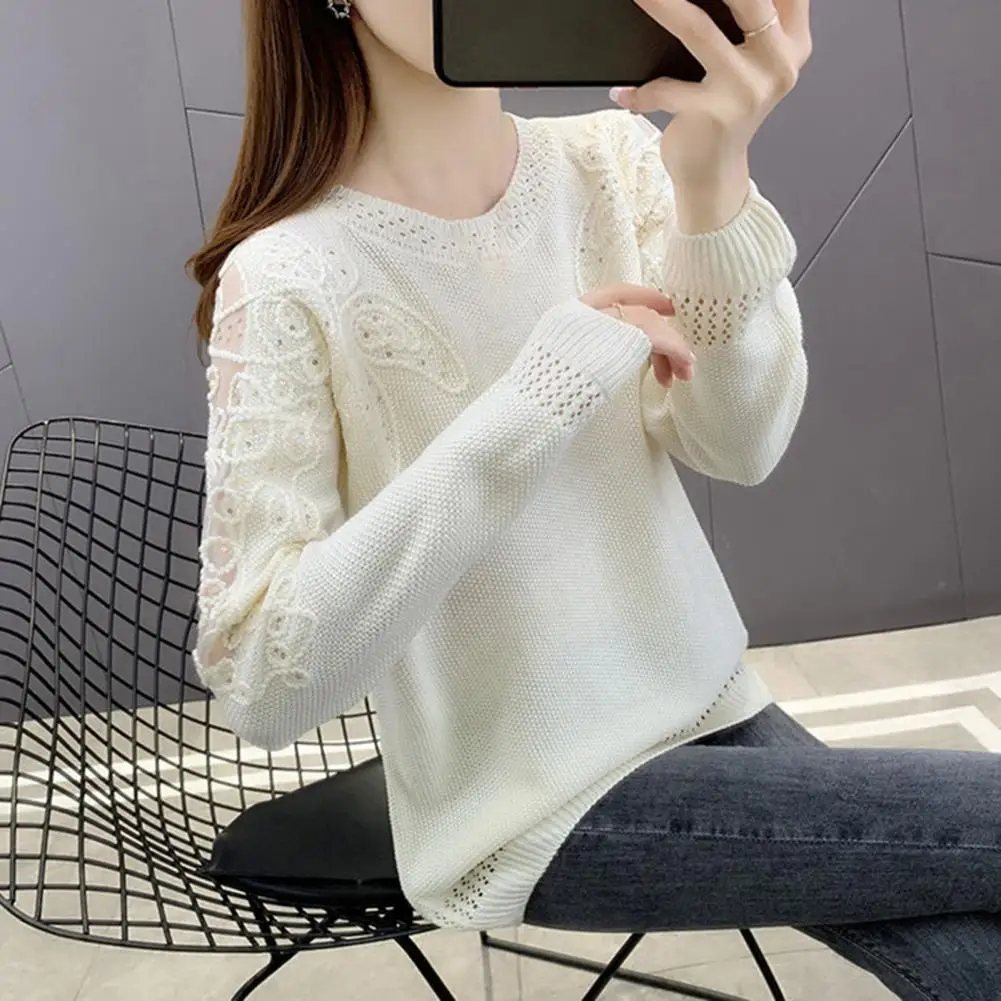 

Women Sweater Embroidered Flower Pattern Sequins Decor Lady Sweater Spring Autumn See-through Lace Stitch Knitting Top