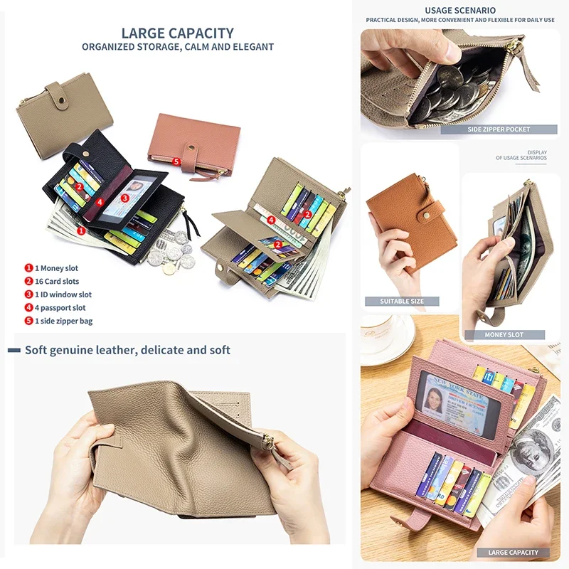 Small Soft Cowhide Leather Wallet for Women High Capacity Ladies Card Holder with Zipper Pocket Genuine Leather Passport Wallet