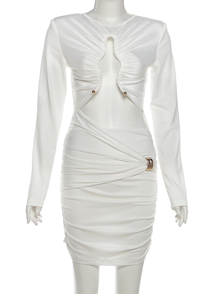 Nibber o-Neck Folds Dress Women Metal Decoration Hollow Full Sleeve Prom Party Skinny Elasticity Fashion Classic Mini Bodycon