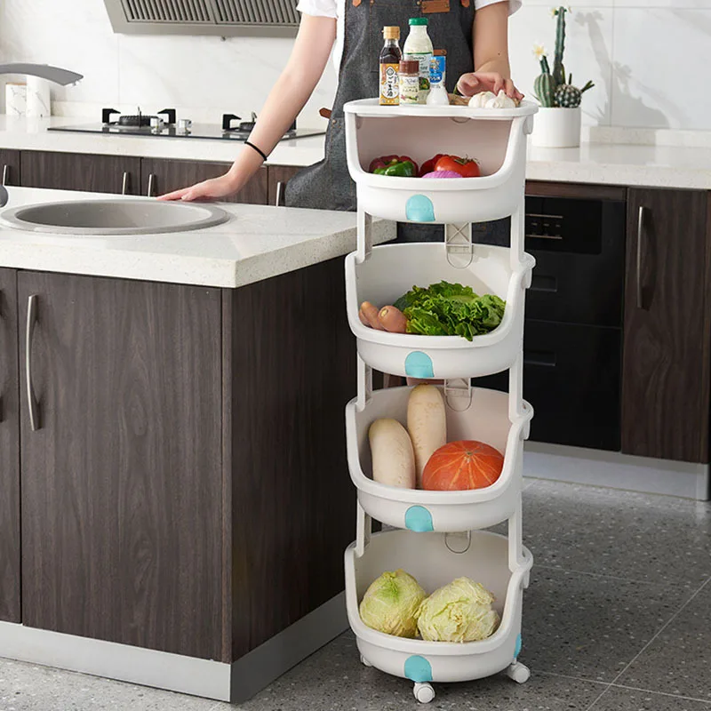 

Кухонная напольная полка для хранения овощей и фруктов, многоярусная круглая полка для овощей, бытовая тележка, пластиковая стойка для хранения