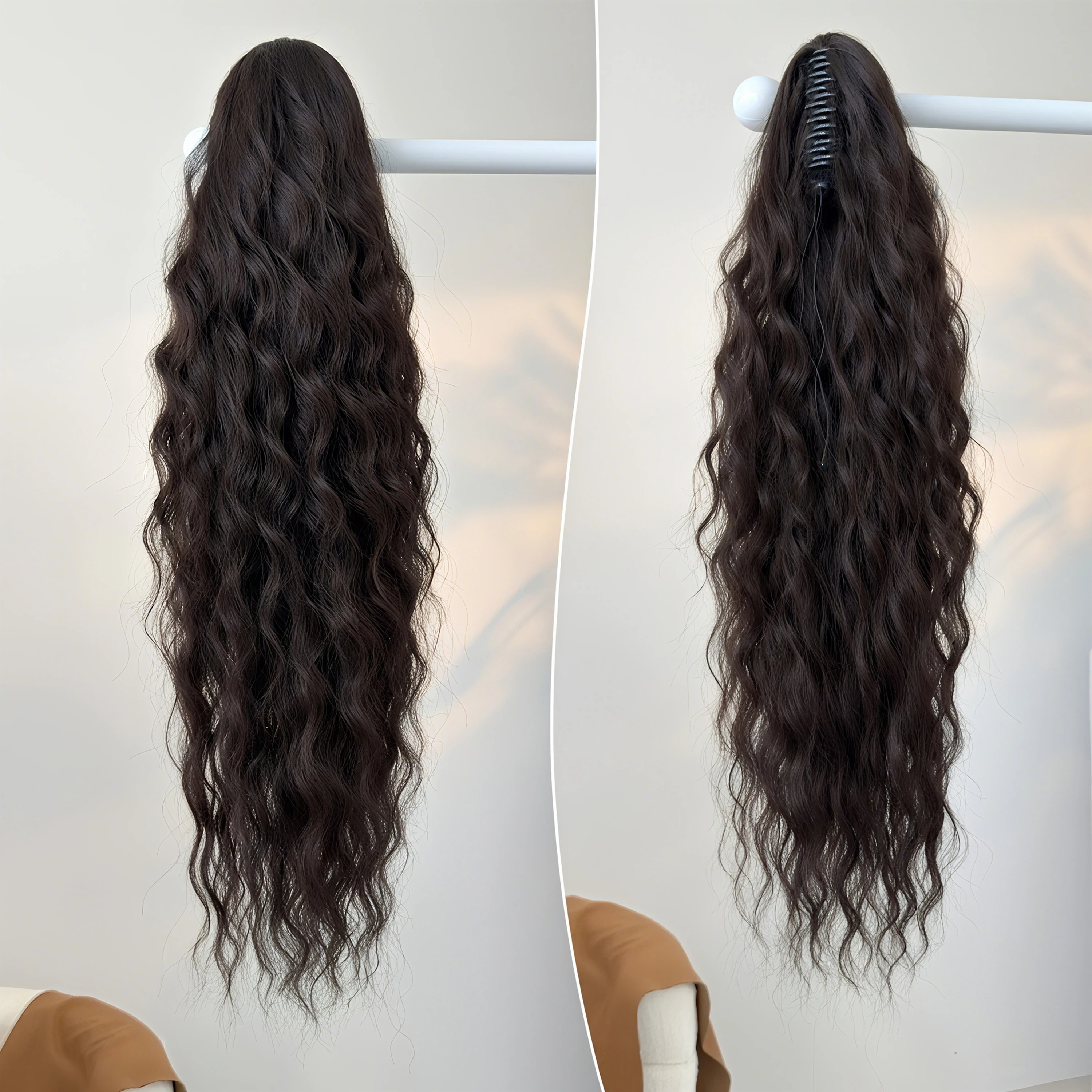 Estensione della coda di cavallo con clip per artiglio per le donne Estensioni dei capelli ondulati lunghi Clip sintetica soffice dall'aspetto naturale nel parrucchino della coda di cavallo - immagine 4