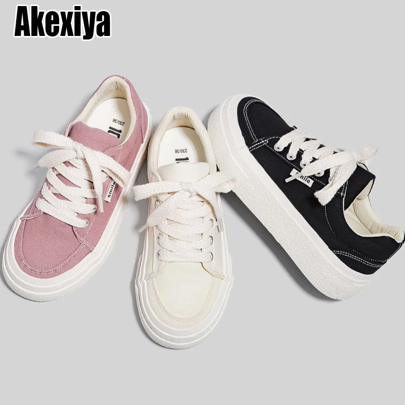 

Girl's Canvas Shoes 2023 Autumn New Pure Color Basic Simple Style Pink Beige Black Lace Up Thick Bottom Sneakers 35-40