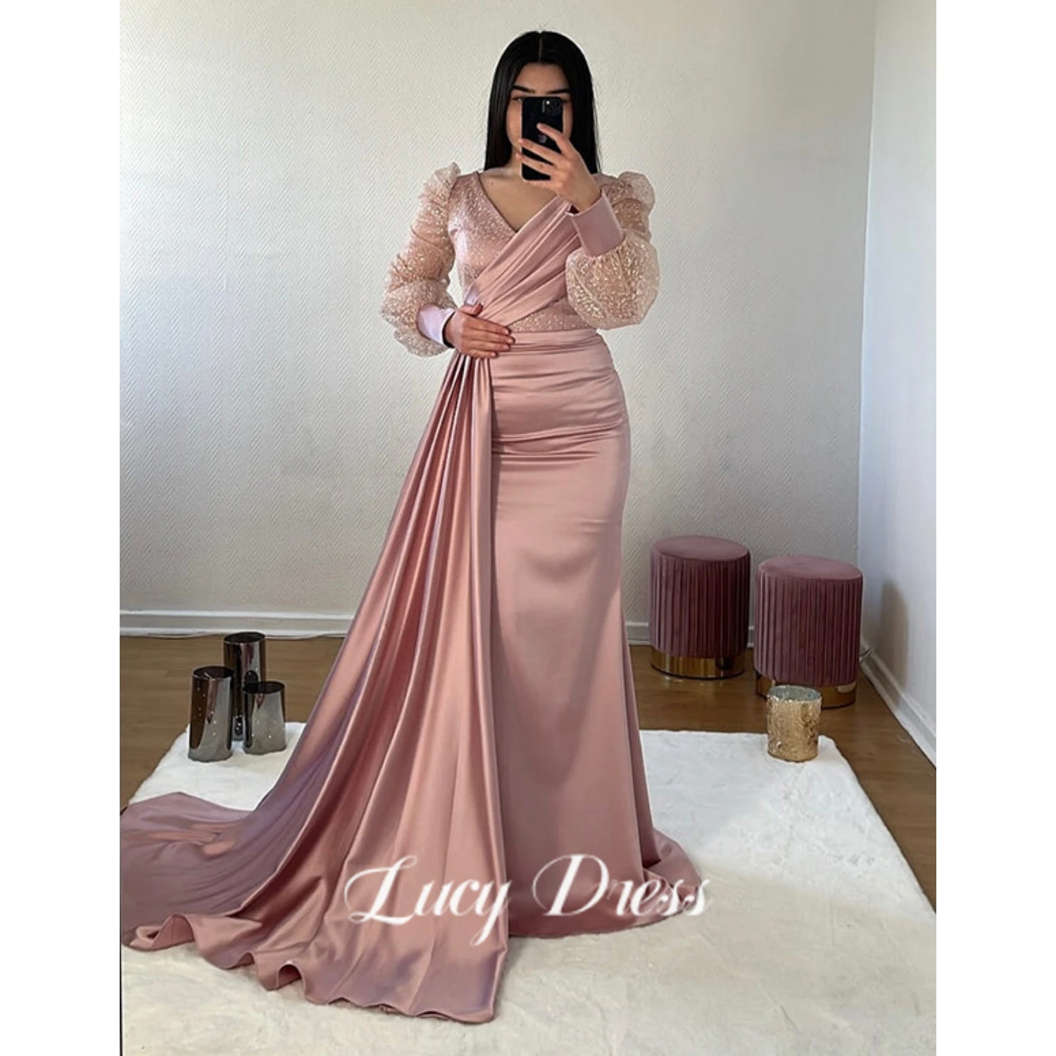 

Lucy Pink Prom Dresses Glitter V-neck Evening Dress Puff Sleeve High Split Saudi Arabia Dubai Cocktail Party Gown Plus Size