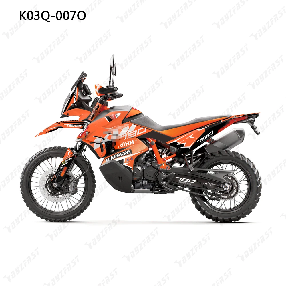

Fits (2019 and up) KTM 790 Adventure R Full Coverage Graphic Kit Decals made with vinyl and thick, scratch resistant lamination