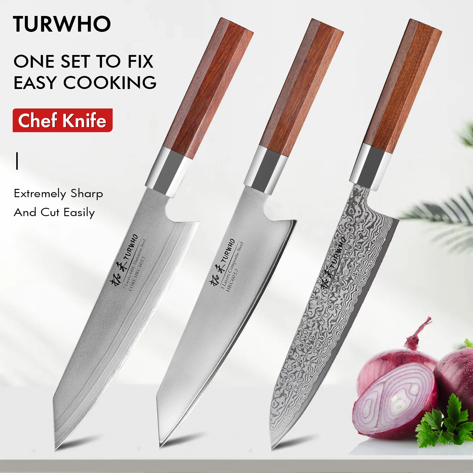 TURWHO 8 Inch Chef Knife 7 Layer 440C Damascus Steel Kitchen Knives Japanese Handmade Cook