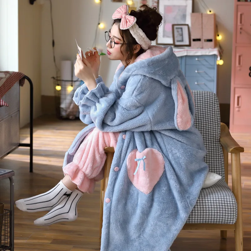 Winter Flannel Pajamas Sets For Women Girls Cute Rabbit Ears Hooded Nightgowns Suit Sweet Sleepwear Warm Thick Pyjamas Pijamas