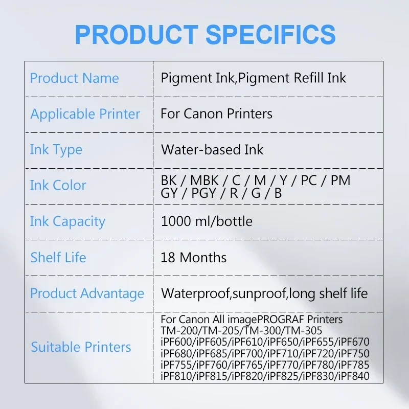 1000ML Pigment Ink For Canon PFI 107 120 320 102 104 701 703 704 706 707 710 206 106 306 Cartridge TM-200 205 300 305 Printer - 6