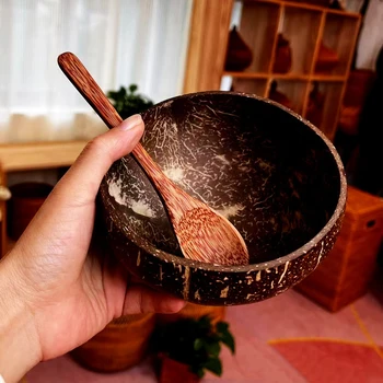 Ensemble de bols à noix de coco naturel, bol à salade en bois Ramen, ensemble de cuillères en bois de noix de coco, Smoothie, vaisselle de cuisine, bol à noix de coco 1