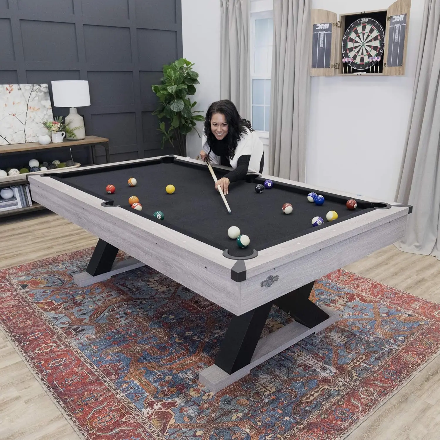 Kirkwood 90&rdquo; Billiard Table with Rustic Finish, K-Shaped Legs and Black Cloth, Brown