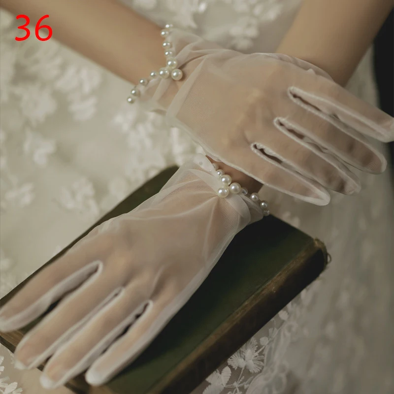 White Bride Dress Gloves Bow Lace Mesh Gloves Bridal Sheer Tulle Full Finger Mittens Cosplay Party Wedding Accessories