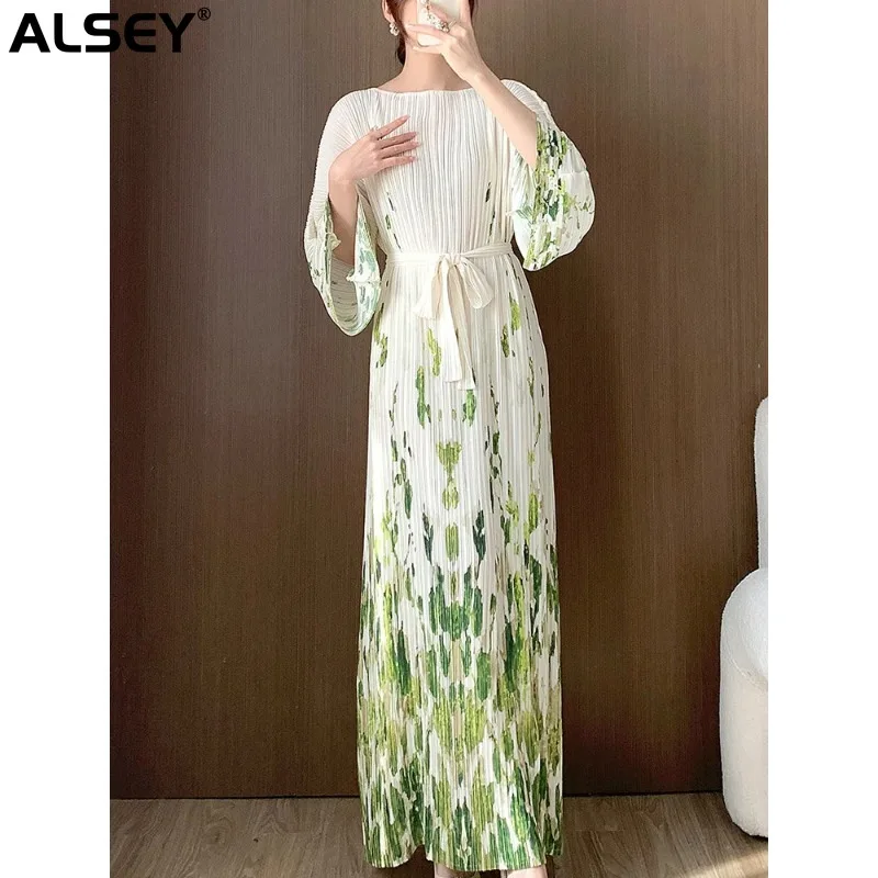 

ALSEY Miyake Pleated Print Dress Women New 2024 Spring Fashion Full Flare Sleeve Loose A Line Belt Elegant Female Clothing