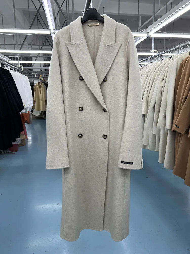 New Gray Simple Double-sided Wool Cashmere Coat Women Lapel Double Breasted Long Sleeve Woolen Coats Fashion Fit Autumn Winter