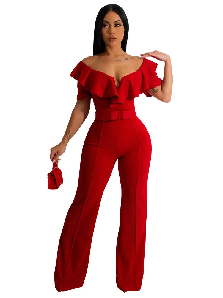 

Szkzk Sexy Tight Ruffle Jumpsuit Women With Belt V-neck Short Sleeve Club party Outfits High Waist Black Bodycon Long Jumpsuit