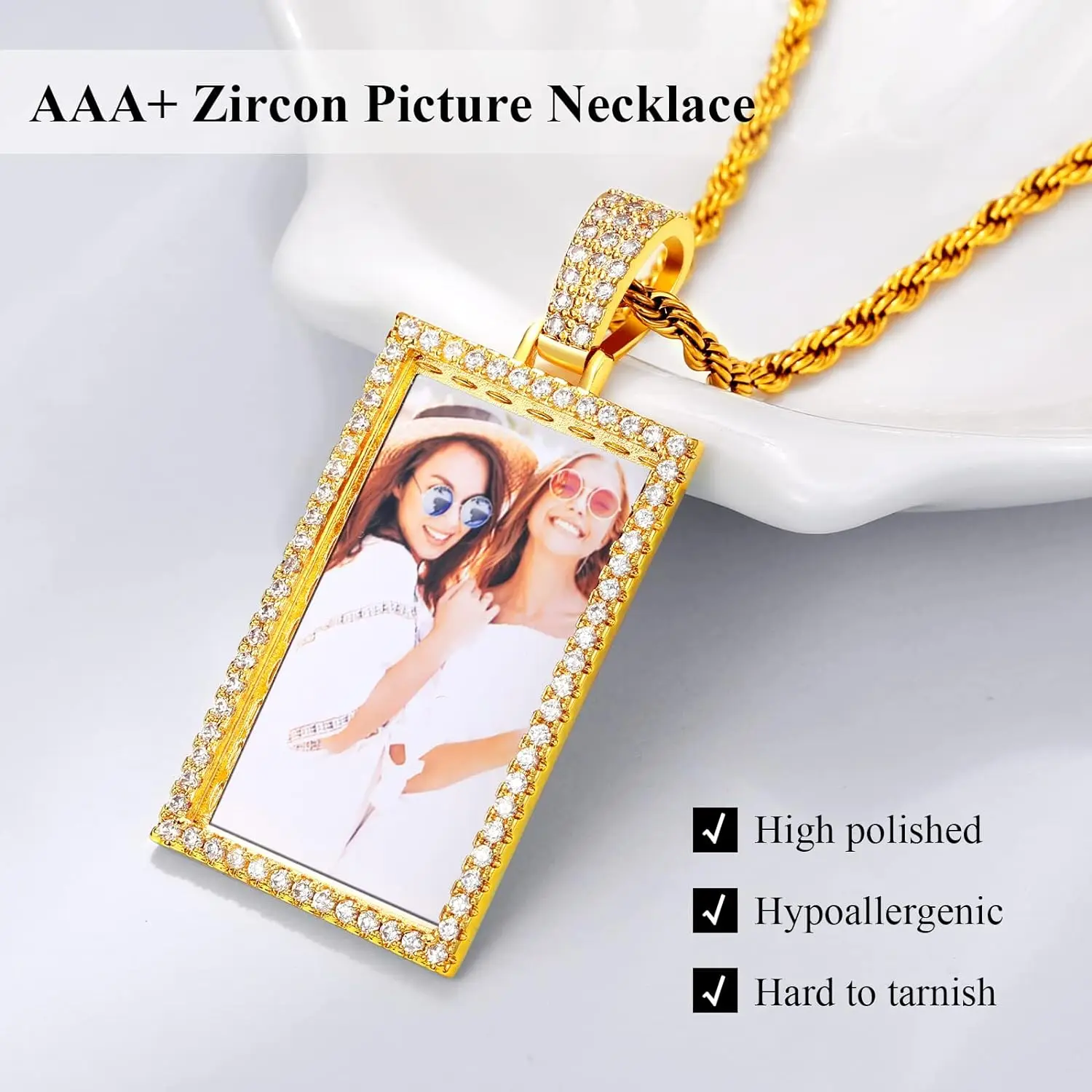 Custom Rectangle Photo Pendant for Men Picture Memory Square Medallions Pendant Gold Color Cubic Zircon Hip Hop Jewelry