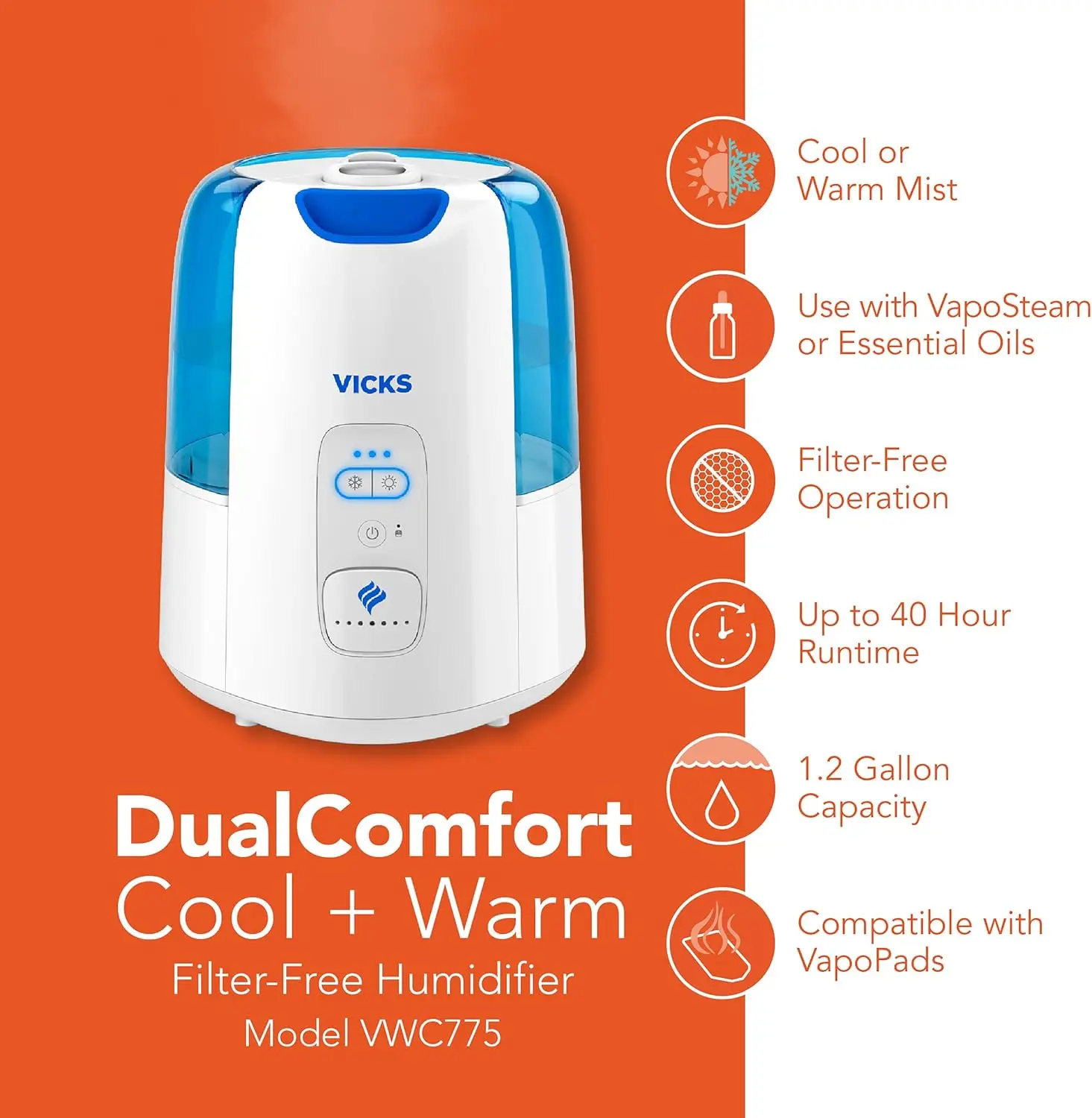 Dual Comfort Cool + Warm Mist Humidifier for Bedrooms With Fusion Technology, Compatible with Vicks VapoPads and Vicks Vap 4