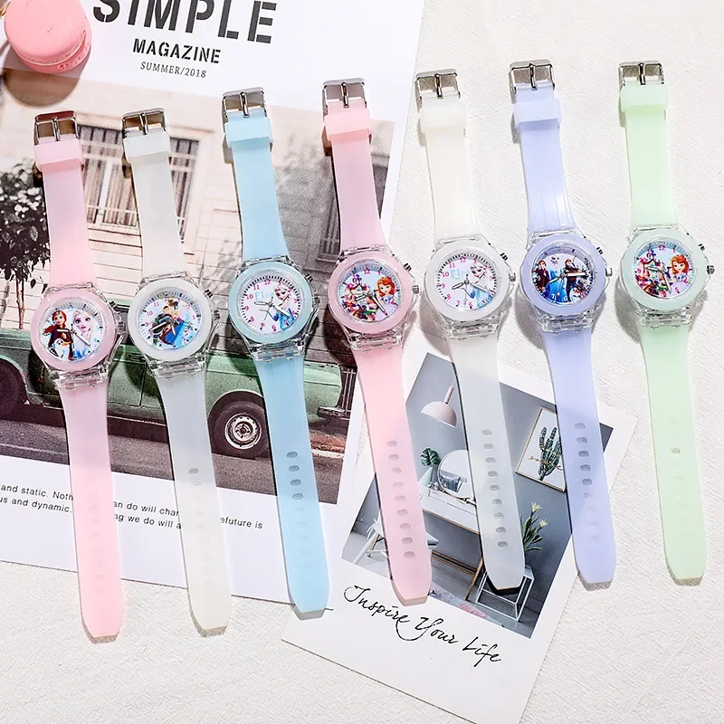 Disney Frozen Princess Watch Elsa Kawaii Children Watch Luminous Student Colorful LED Light Young Lady Clock Girls Creative Gift