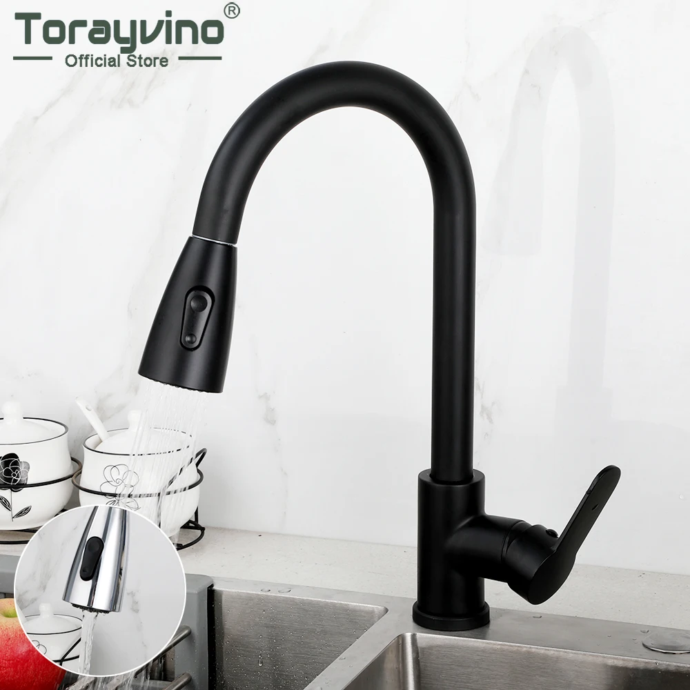 Torayvino Kitchen Faucet 360 Rotate Pull Out Deck Mounted Hot and Cold Mixer Sink Faucets Stream Sprayer Head Basin Water Tap