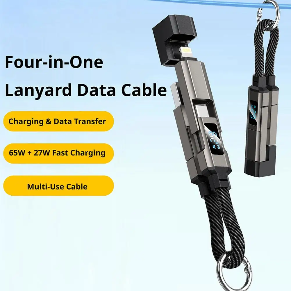 כבל טעינה 4 ב-1 65W בצורת מחזיק מפתחות, כבל USB C עם תצוגת V/A/W, סוג C עבור אפל, כבל נייד לאייפון/אייפד/סמסונג/לפטופ
