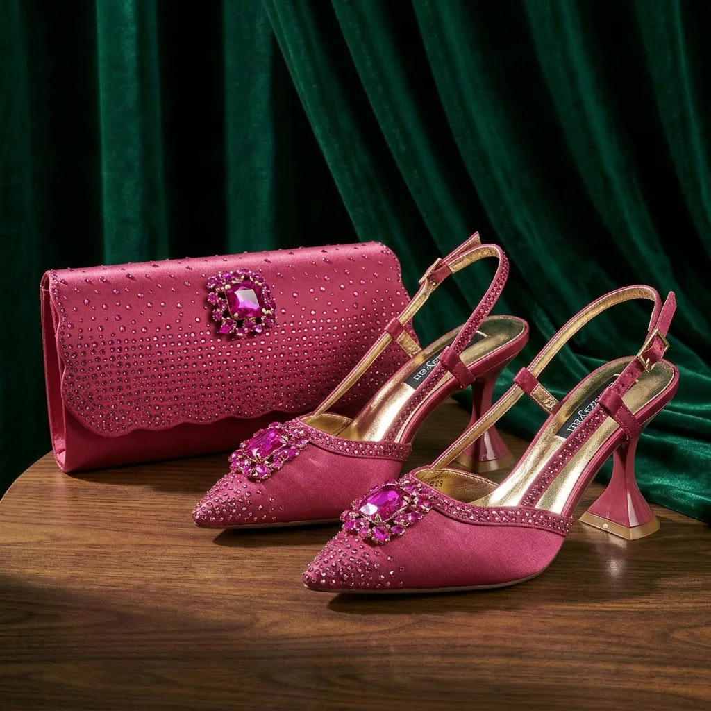 QueenYan Brown Satin Rhinestone Slingback Pointed Pumps Matching Scalloped Rhinestone Evening Clutch Bag Set Women Formal Shoes