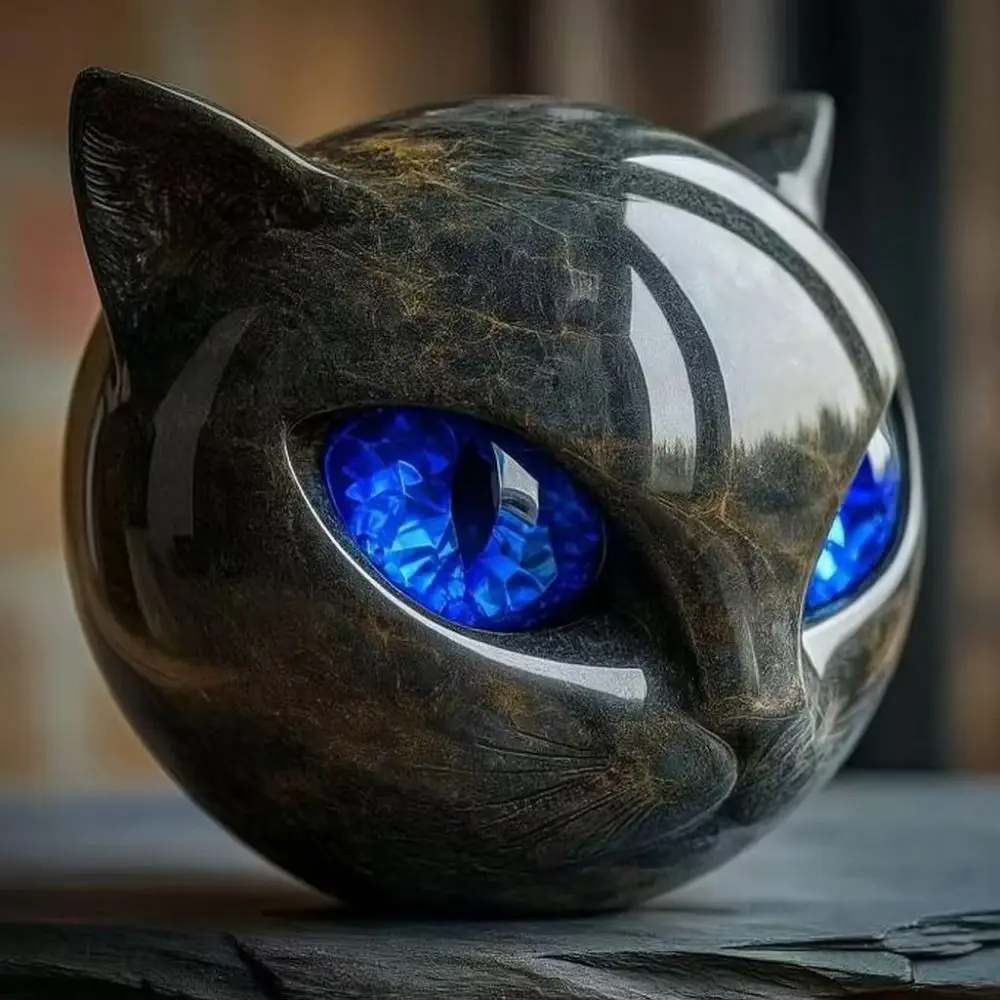 Resin Black Cat Stone Sculpture Hand-Carved Crystal Healing Luxury Black Cat Figurine Healing Stones Elegant Black Cat Figurine