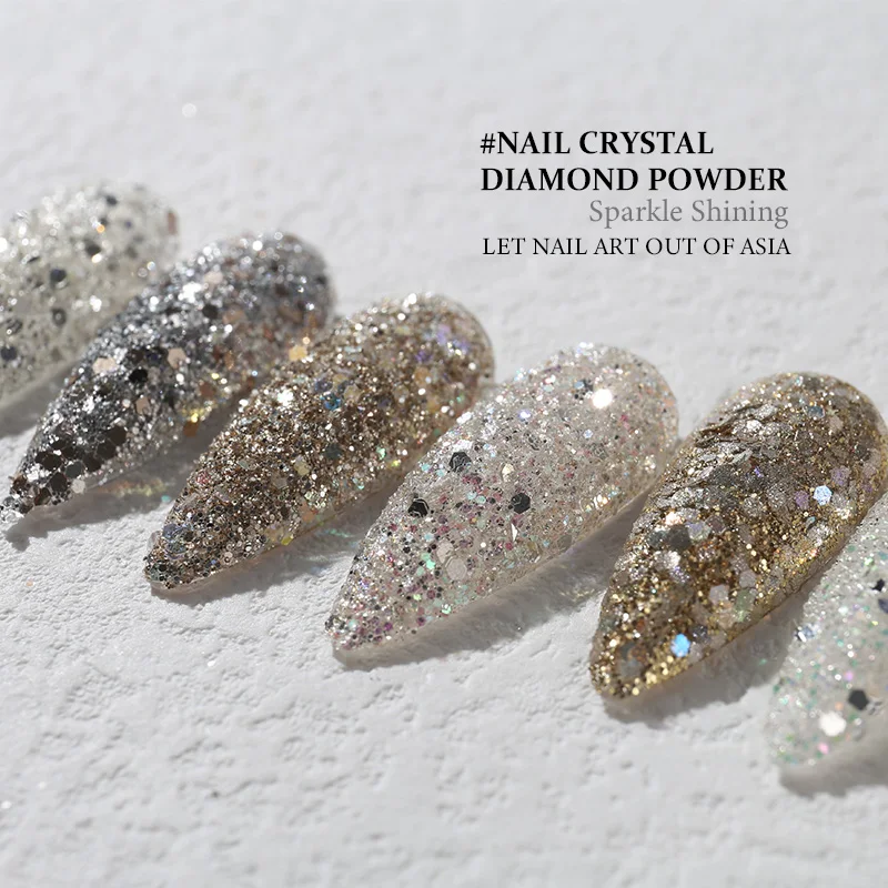 HNDO 6 Colors Nail Art Sparkle Diamond Powder Mixed Shiny Glitter Sequins Hexagon Flakes Pigment Dust for Manicure DIY Design