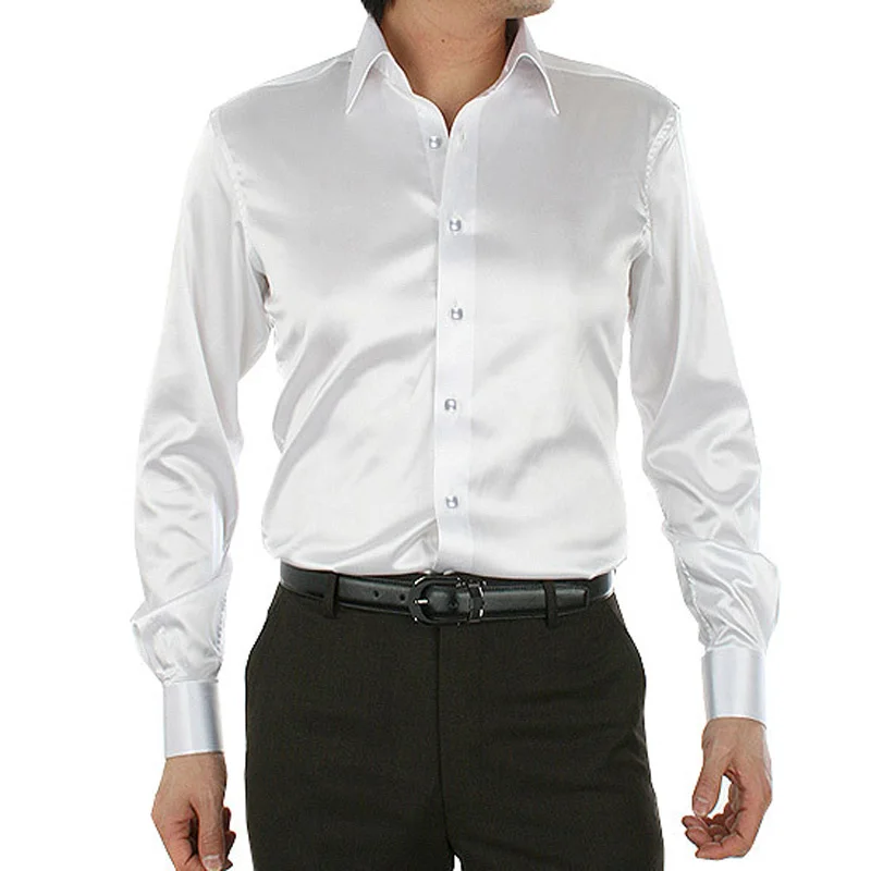 Shirt Men Silk Simulated High Grade Silk Satin Long Sleeve With Diamond Buttons Evening Party Date MQ527