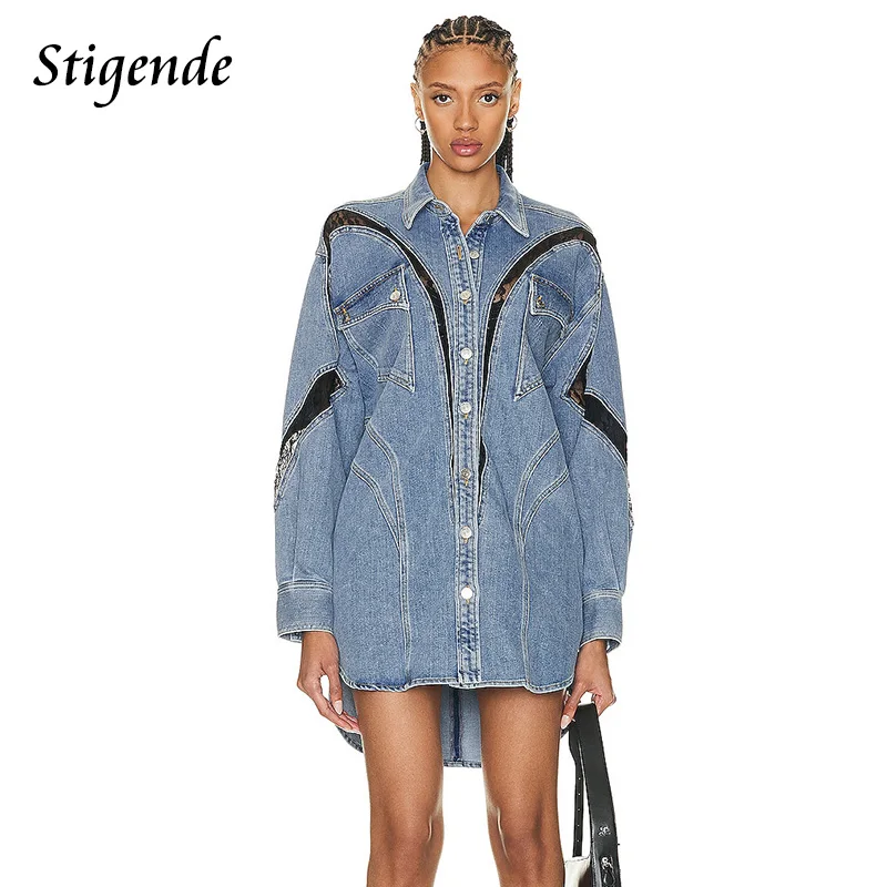 

Stigende Sexy Patchwork Lace Denim Jacket Women Hollow Out See Through Jean Coat Turn Down Collar Irregular High Low Long Tops