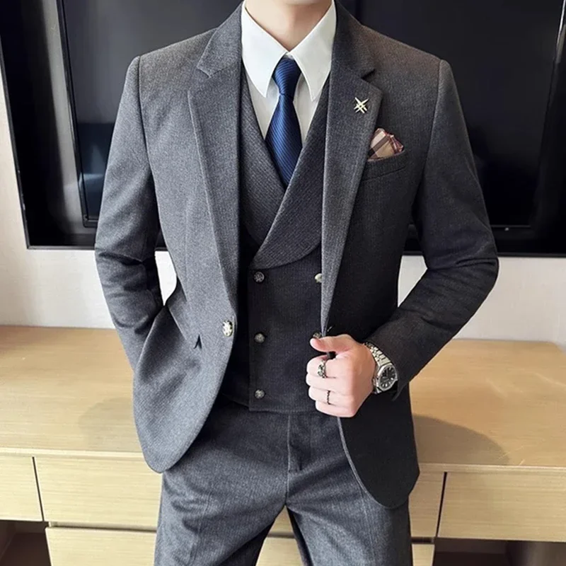 

2024 Fashion New Men Blazers Boutique Business Plaid Wool Striped Wedding Host Suit 3 Pcs Dress Jacket Coat Vest Pants Trousers