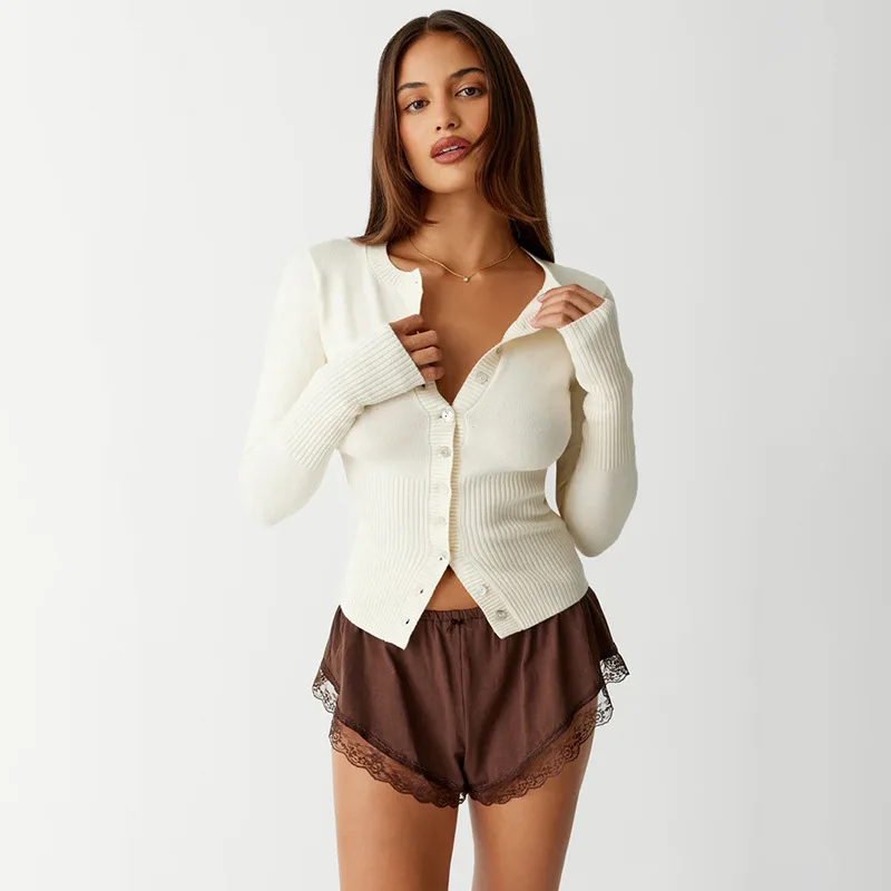 

Long Sleeve Knitted Single-breasted Buttons Cardigan Sweater Women Crew Skinny Versatile Ribbed Woolen Bottom Top