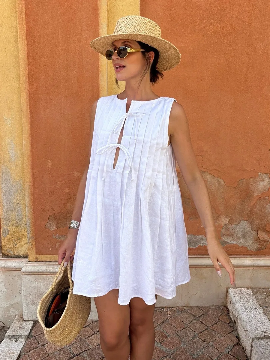 Bornladies Women's 2026 Summer New Pleated Tank Dress Fresh Relaxed Style Pleat Mini Short Dress