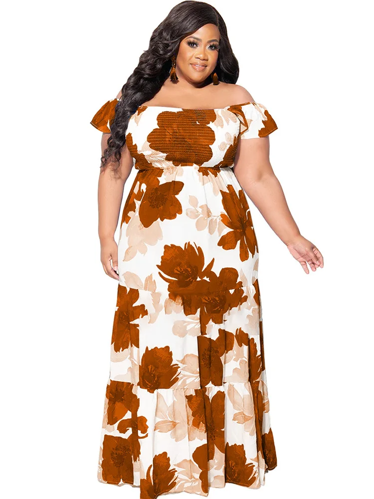 Wmstar Plus Size Dresses for Women Summer Holiday Flower Printed Off Shoulder Stretch Elegant Maxi Dress Wholesale Dropshipping