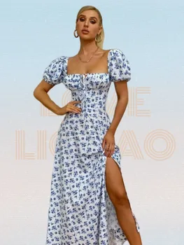 Ditsy Floral Print Puff Sleeve Tie Front High Split Dress Women Ruched Drawstring Party Long Dress Vestidos Sundress 1