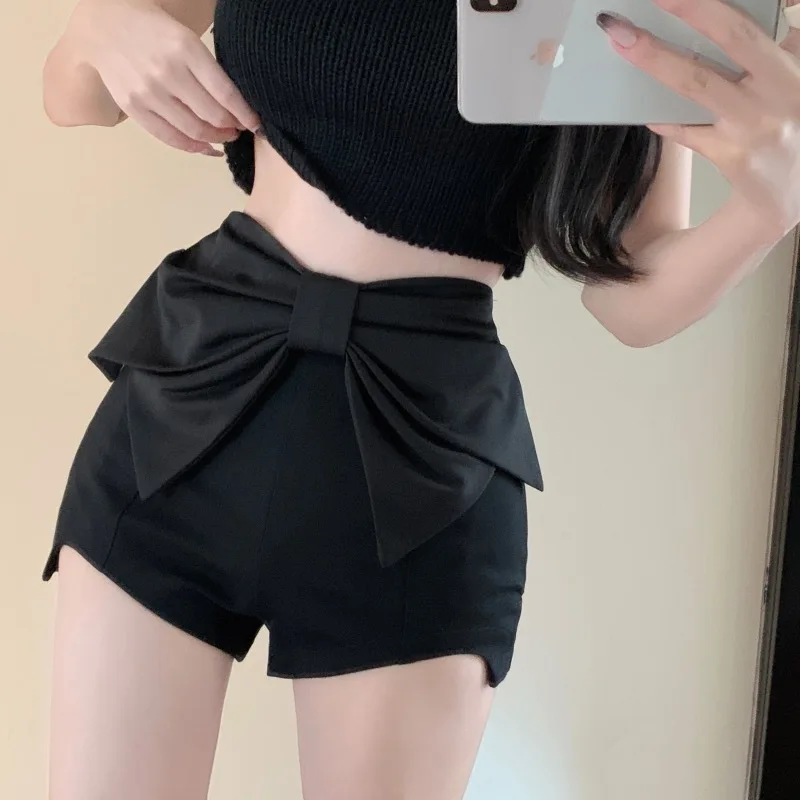 

Bow Shorts Women High Waist Irregular Wide Leg 2023 Summer New Fashion Solid Black Sexy Shorts Female Elegant Casual