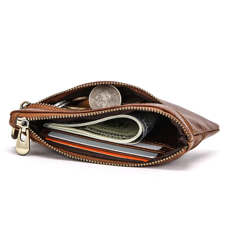Contact'S Genuine Leather Zipper Coin Wallets for Women Brown Car Key Housekeeper Holders Mini Coin Purse Key Organizer