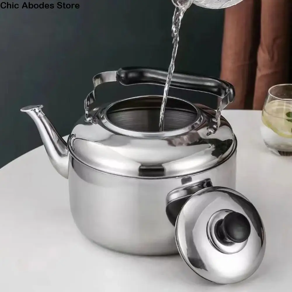 Large Capacity Stainless Steel Kettle Dust Cover Spout Anti-scalding Handle Whistling Kettle 1.6/3/5L Silver Teapot Camping