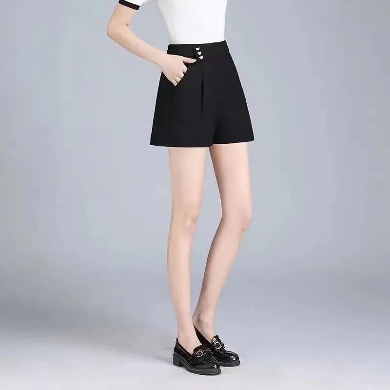 Summer New Women's Solid Color Elastic High-waisted Sequined Pockets Wide Leg Pants Commute Fashion Loose Straight Casual Shorts
