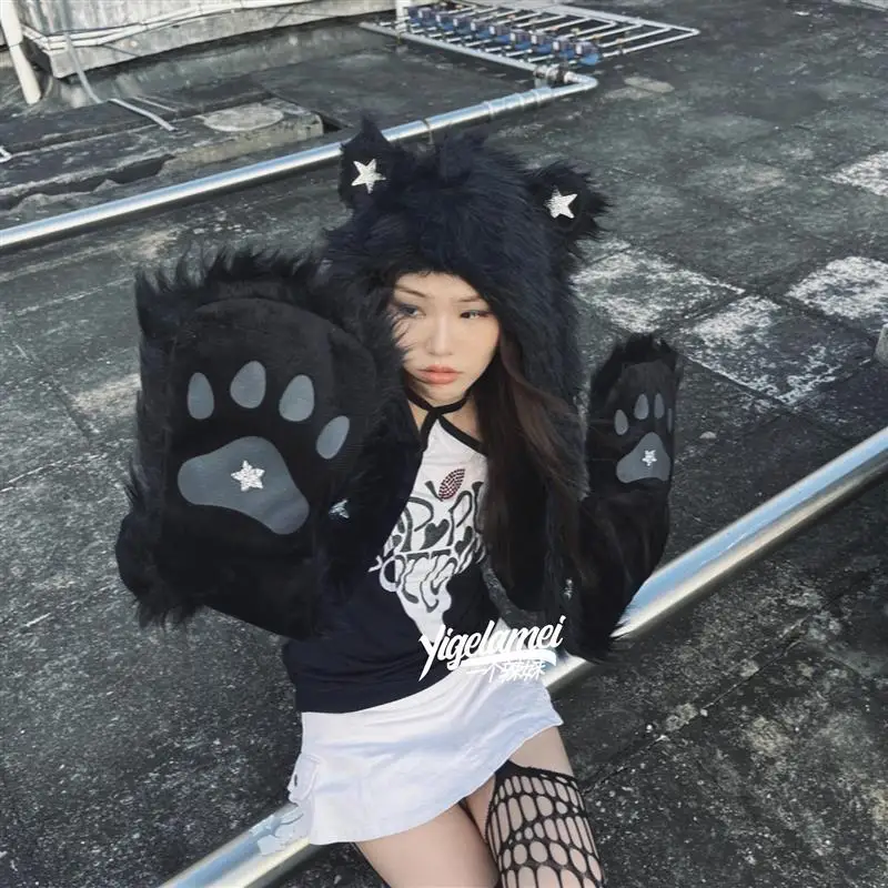 japanese-genjuku-subculture-punk-warm-autumn-winter-furry-faux-fur-y2k-hooded-scarf-gloves-gothic-stars-black-hat-gloves-sets