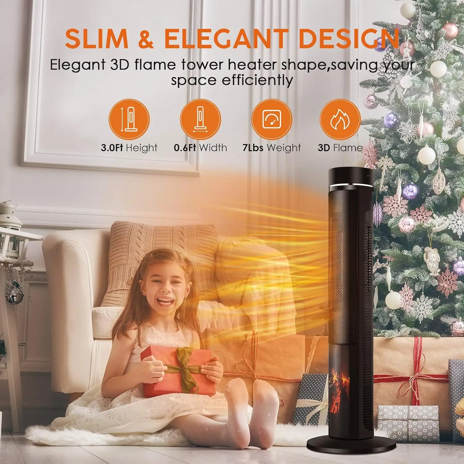 Space Heater for Large Room-36" Ceramic Tower Space Heater for Room Heating w/Thermostat, Fast Heating, 3D Realistic Flame, Os