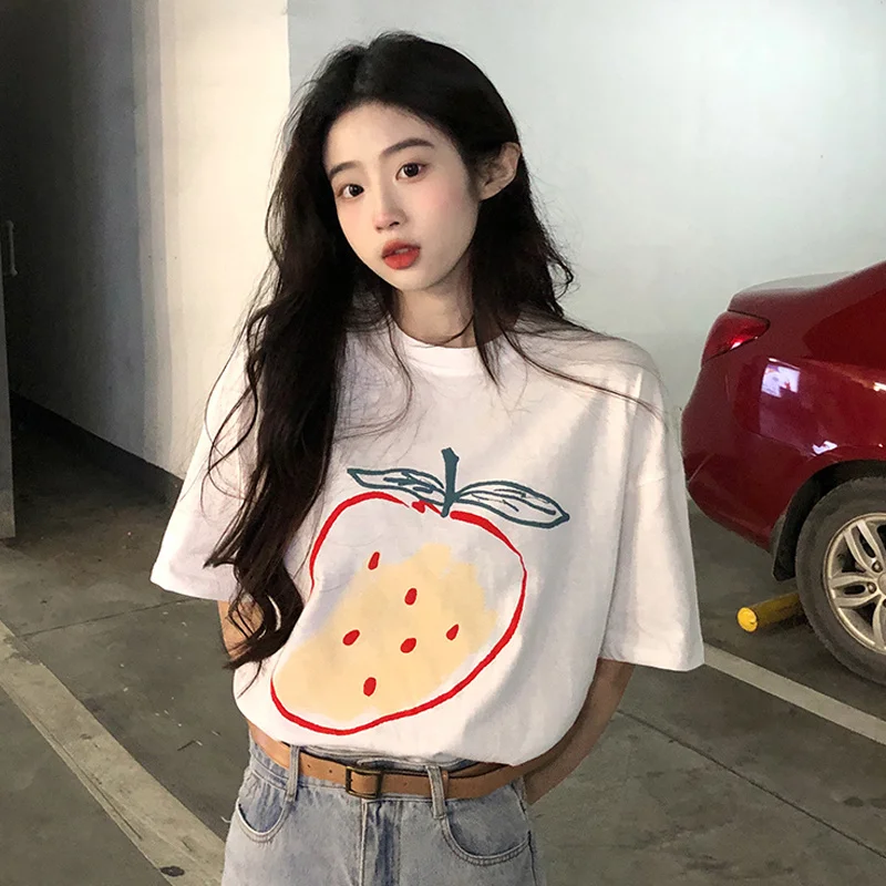 

White Cotton Pear Cartoon Print Short Sleeve T-shirt Women's 2022 Spring Summer New Korean Loose Casual Tshirts Tops