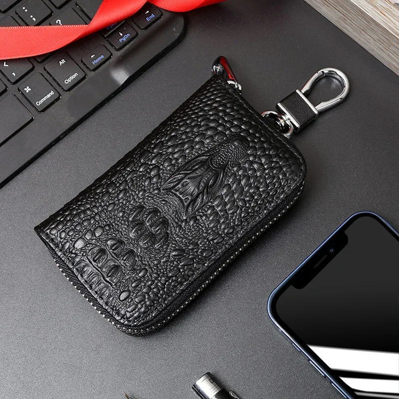 Key Case Holder Organizer Purse Protector Genuine Leather Car Zipper for Men Women