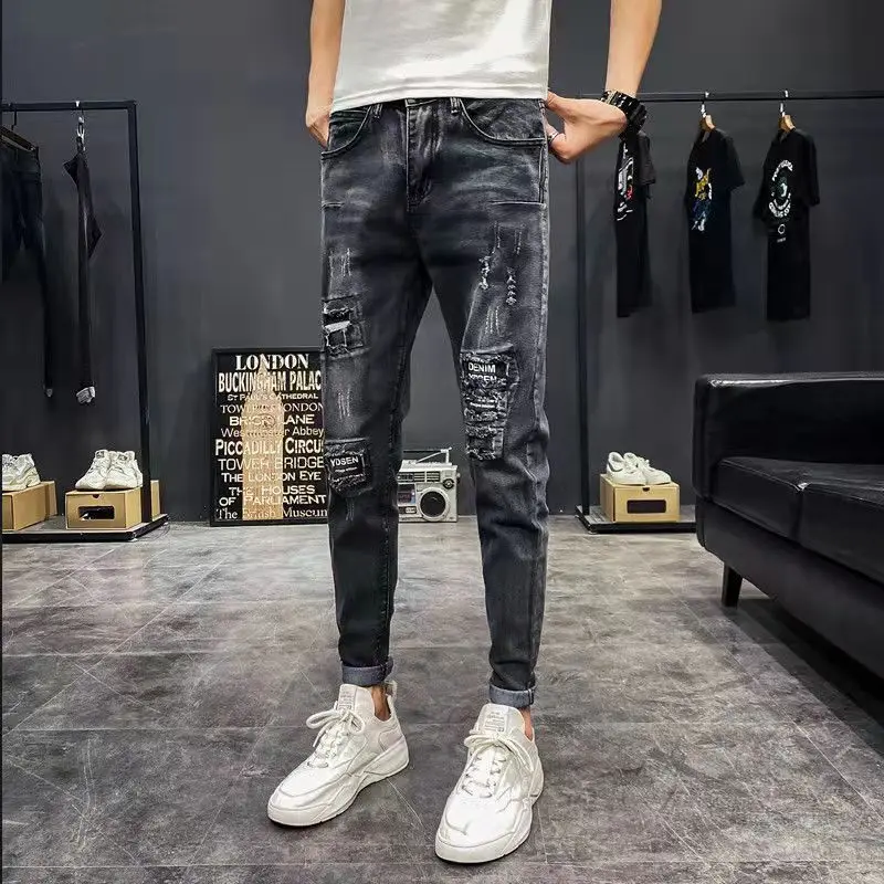 Social Slim Pencil Pants Pothole Ripped Jeans Men's Nine Points Korean Beggar Pants Leisure Spring Autumn Hip-hop Jeans