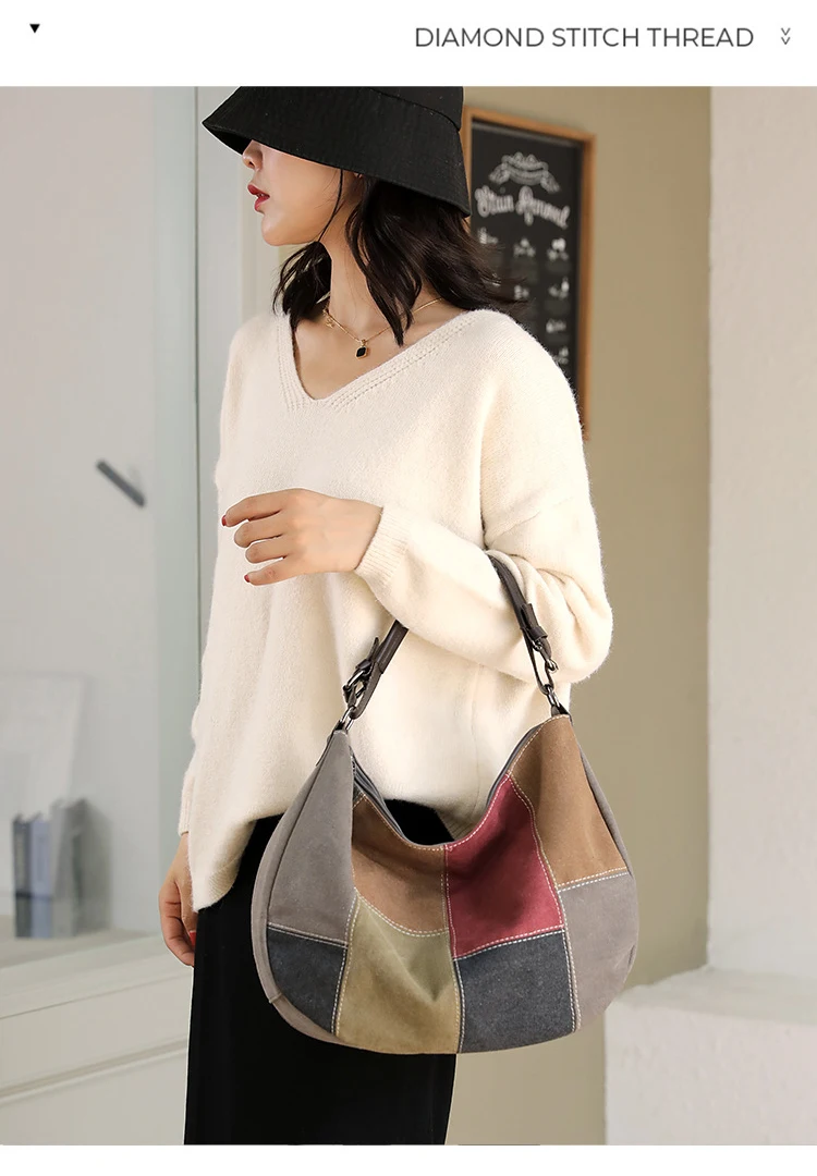 Vintage Canvas Tasche Damen Große Kapazität Einzelne Umhängetasche Farbe Patchwork Umhängetasche Damen Tragbare Pendlertasche – Detail 9