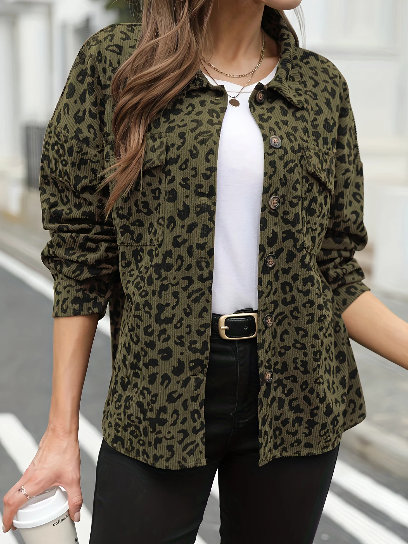 ג'קט קורדורוי נשים חדש עם הדפס ליאופרד, מעיל נשים מודרני ומרווח