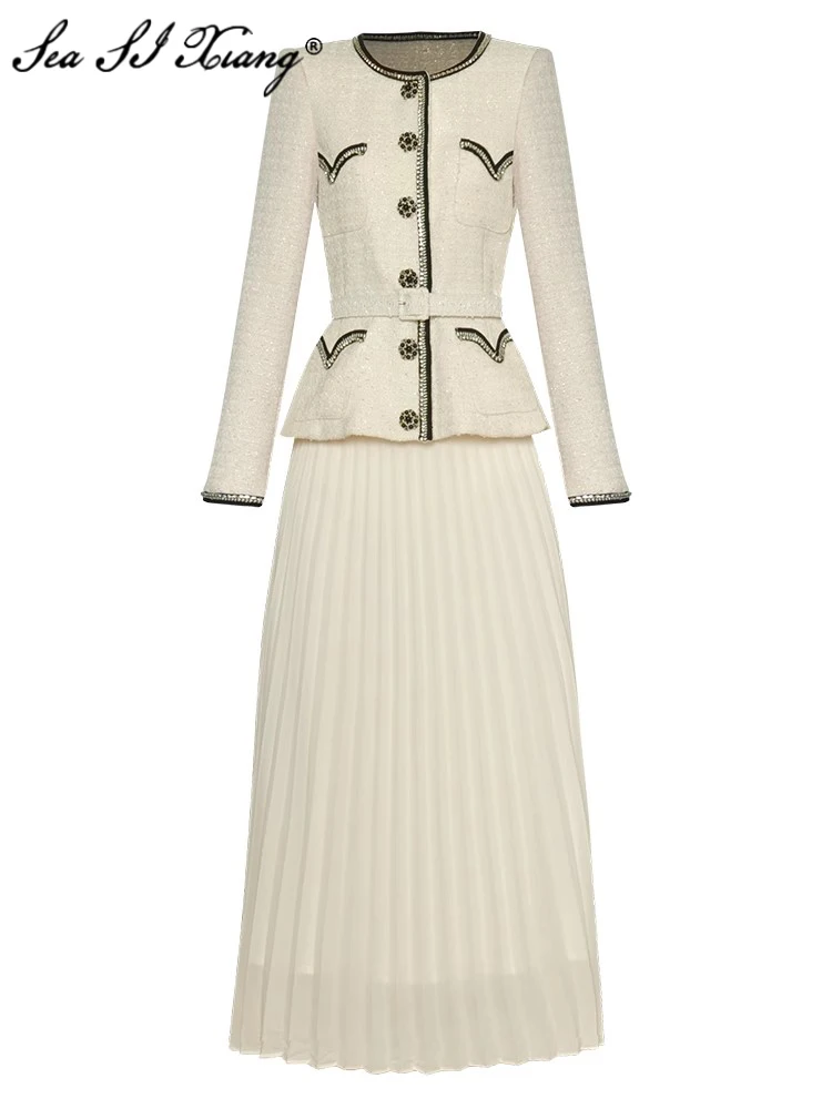

Seasixiang Fashion Designer Autumn Suit Women Crystal Diamonds Belt Long Sleeve Tweed Jacket + Pleated Skirt Two-Piece Set