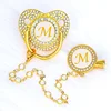 Luxury Zircon Baby Pacifier Clip 26 Letters Gold Newborn Personalized Pacifiers Holder Silicone Infant Teether Nipple Bpa Free 3