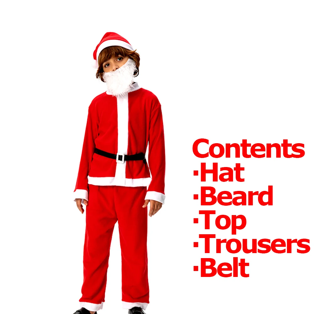 3-11 Years Boys Santa Claus Cosplay Clothes Children Christmas Party Costume with Hat Beard Belt