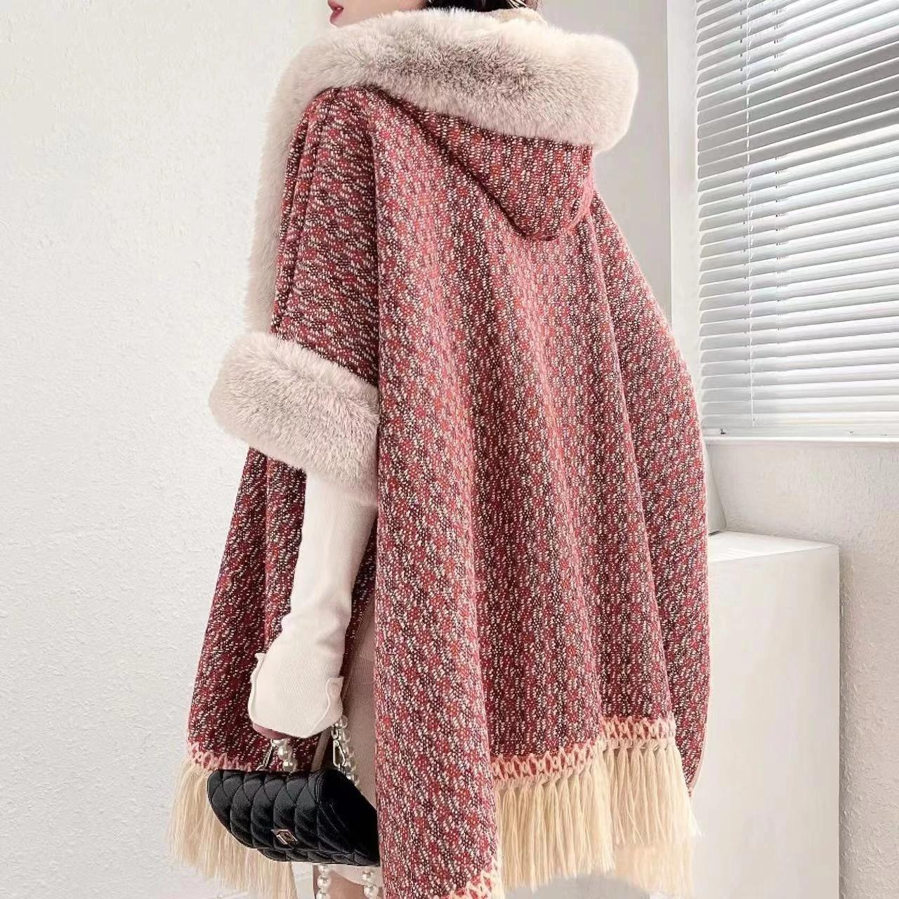 Women Faux Rabbit Fur Loose Long Velvet Thick Cloak Coat With Hat Japanese South Korea Winter Warm Plaid Printed Poncho Cappa