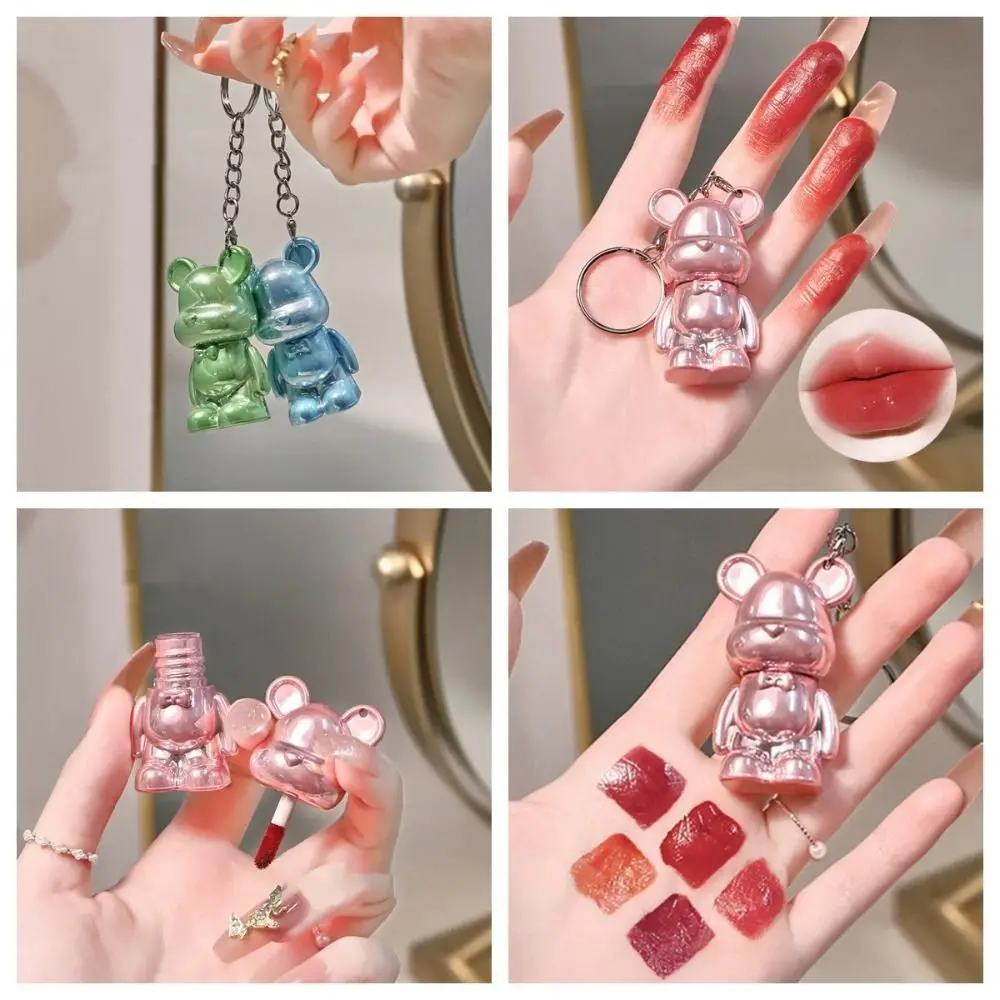 Mini Jelly Mirror Lipstick Bear-shaped Moisturizing Lip Gloss Non-stick Cup with Key Chain Long-lasting Lipstick Students